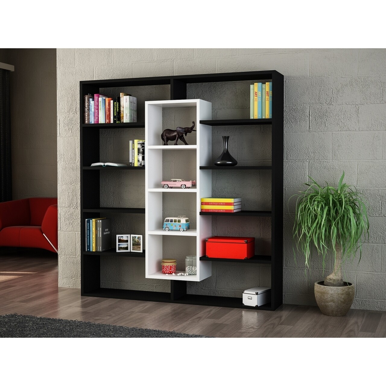 Biblioteca Wooden Art, Ample Black White, 125x135.7x22 cm - imagine 5